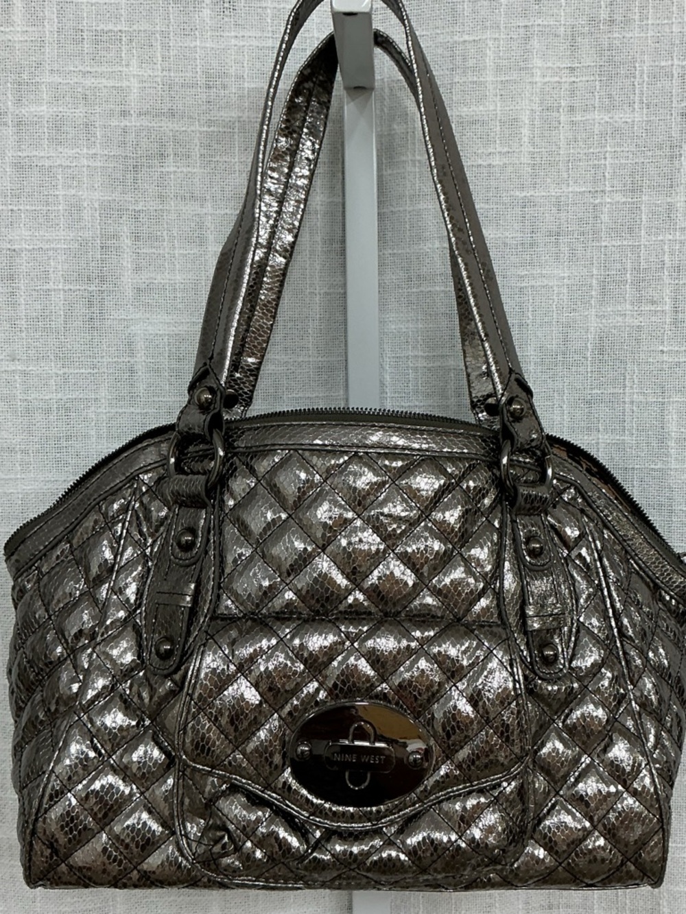 NEW Nine West Metallic Quilted Satchel - Silver Pewter
